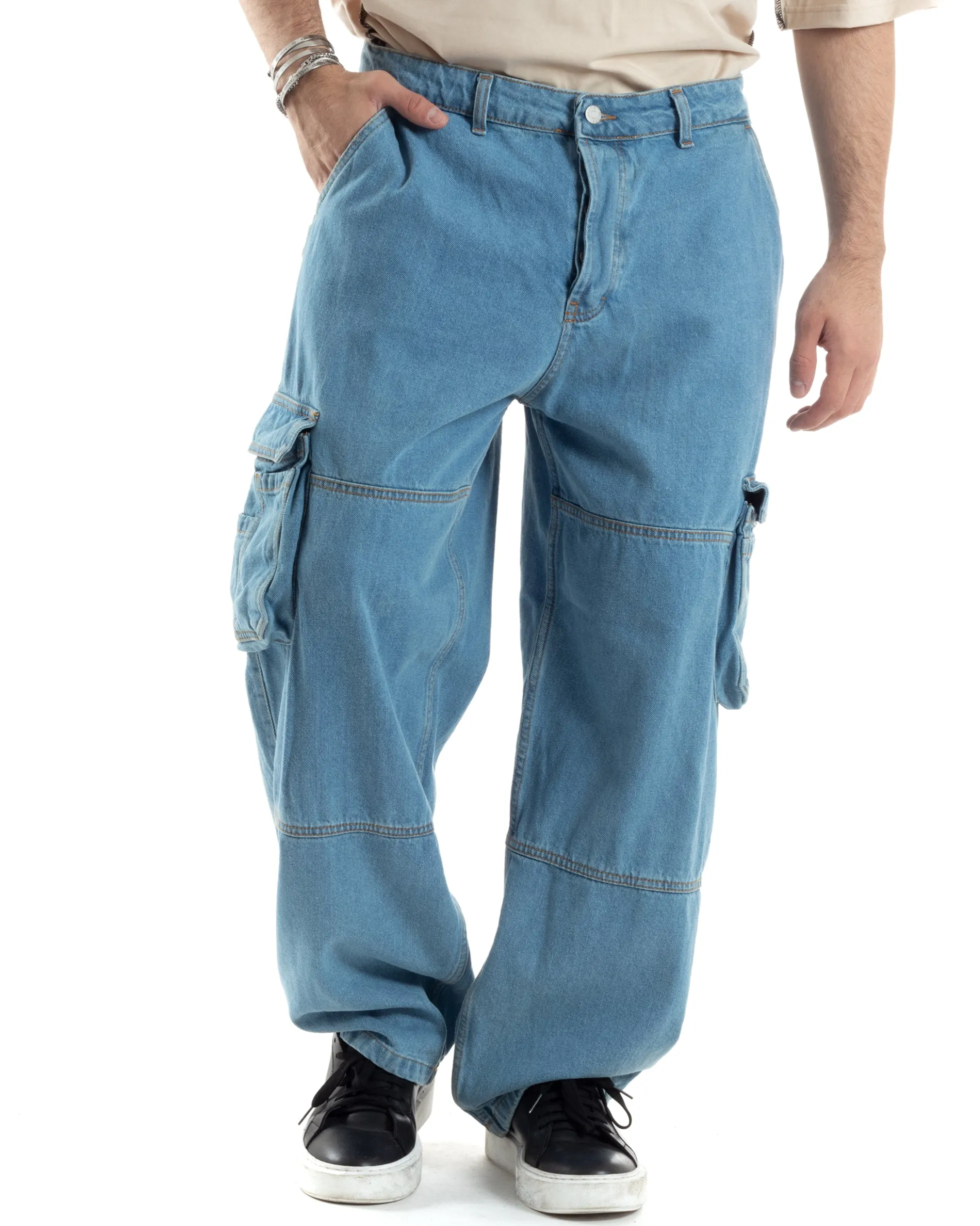 Pantaloni Uomo Cargo Tasconi Jeans Baggy Carpenter Oversize Denim Fondo Largo Ampio GIOSAL-JS1028A