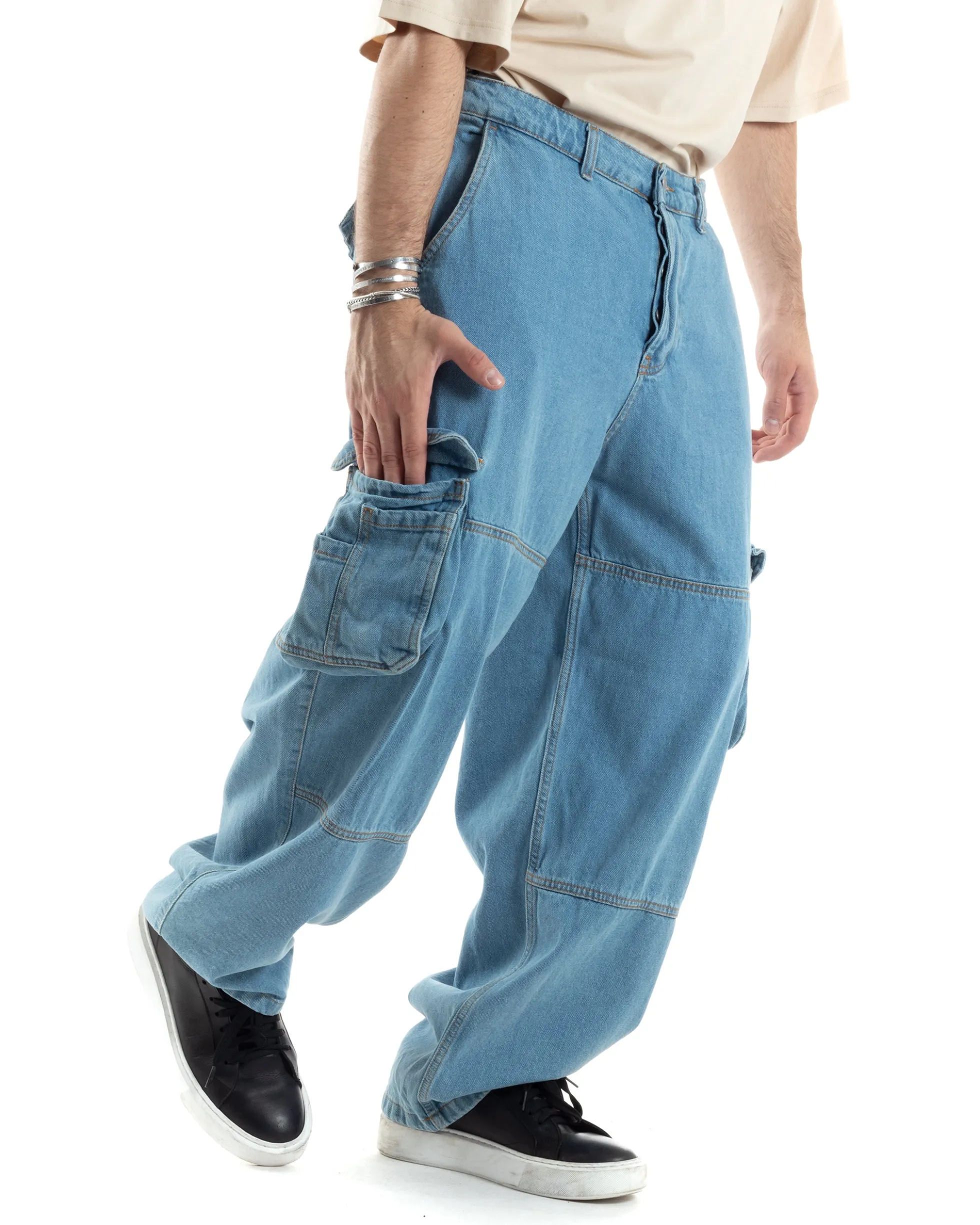 Pantaloni Uomo Cargo Tasconi Jeans Baggy Carpenter Oversize Denim Fondo Largo Ampio GIOSAL-JS1028A