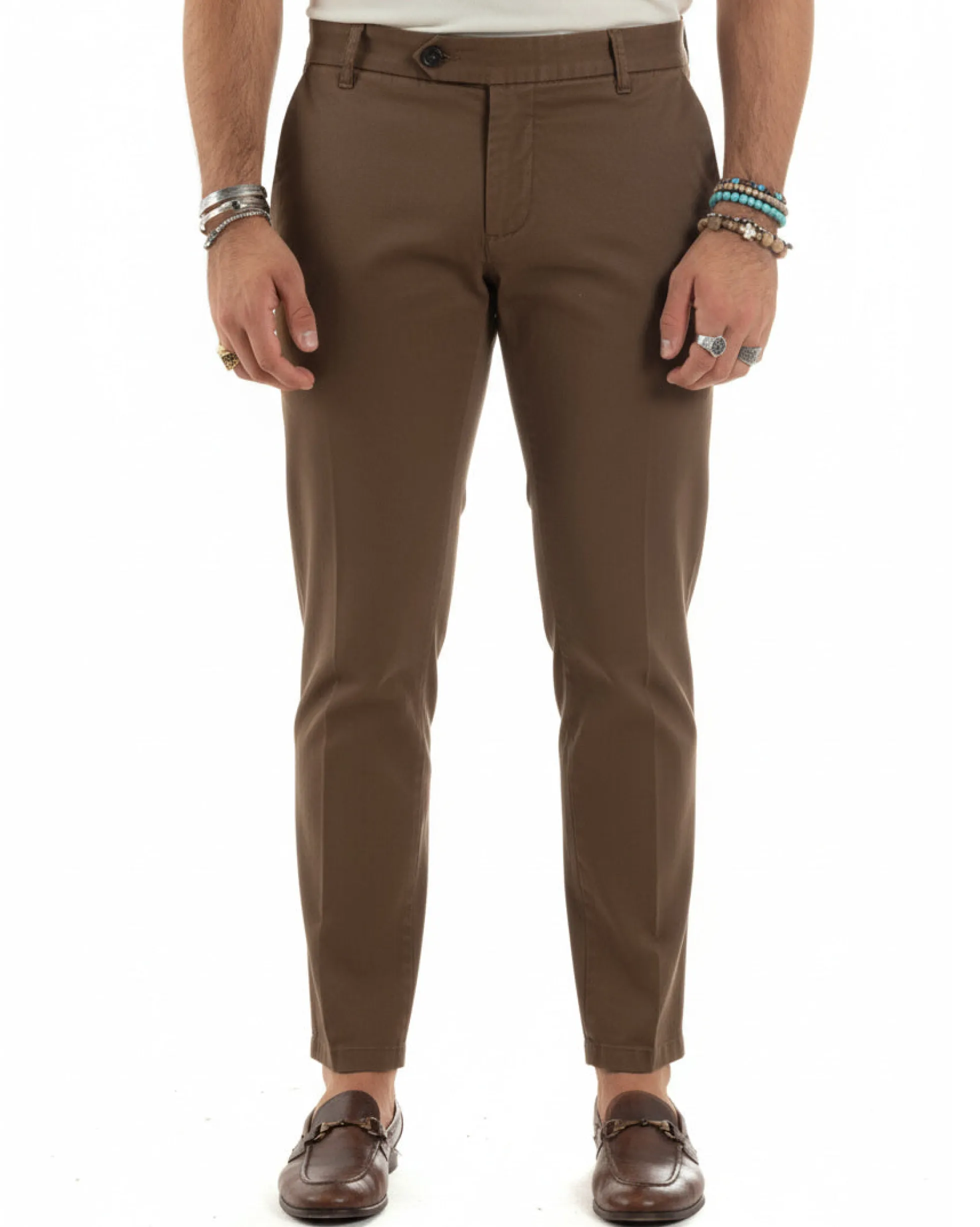 Pantaloni uomo chino abbottonatura allungata tasche america capri cotone estivo slim marrone BlackSunday P6488A