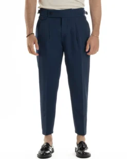 Pantaloni Uomo Classico Con Pinces Vita Alta Gurkha Pants Abbottonatura Allungata Fibbie Viscosa Estivo Casual Blu GIOSAL-P6272A