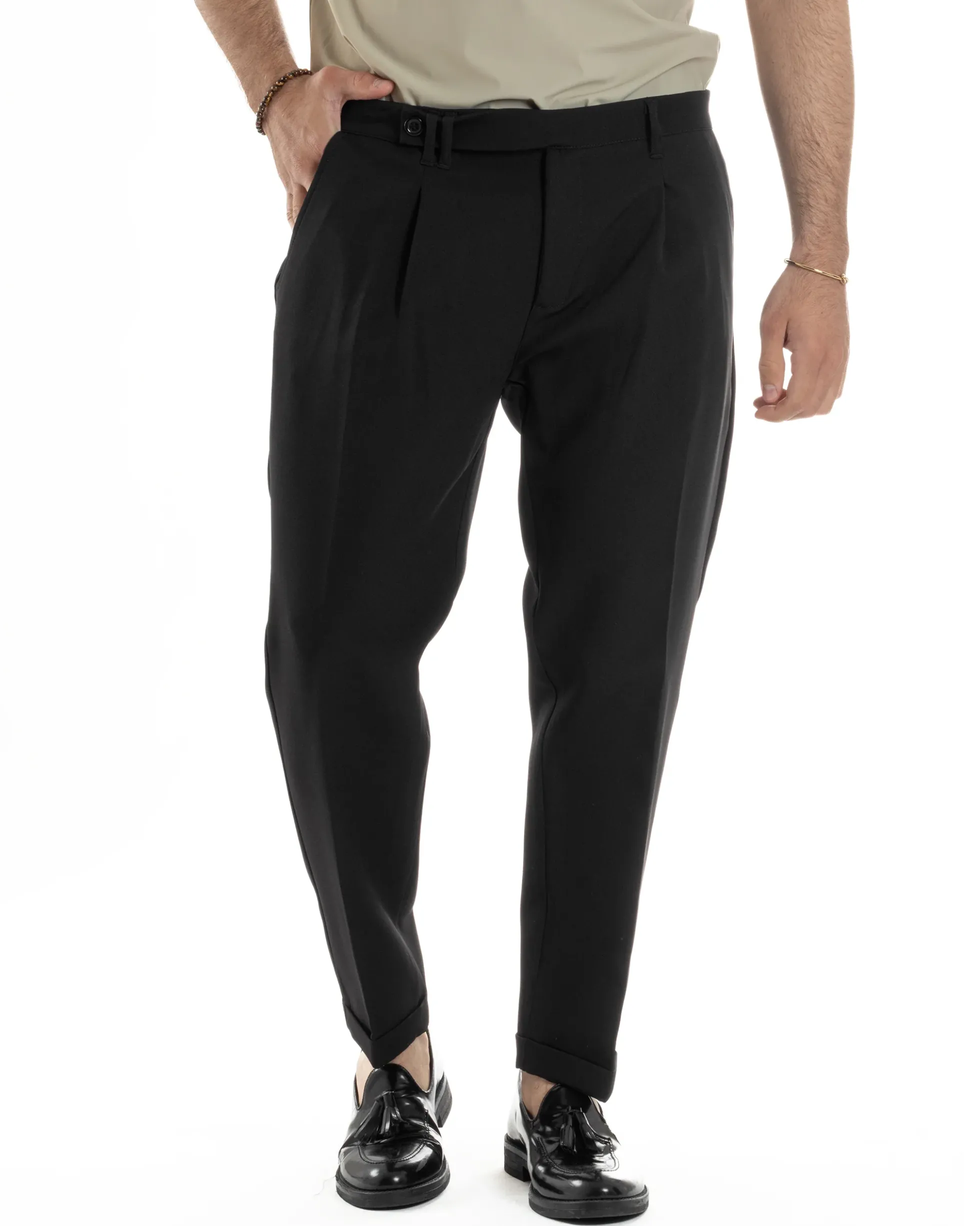 Pantaloni Uomo Classico Con Pinces Sartoriale Elegante Casual Abbottonatura Allungata Viscosa Estivo Nero GIOSAL-P6279A
