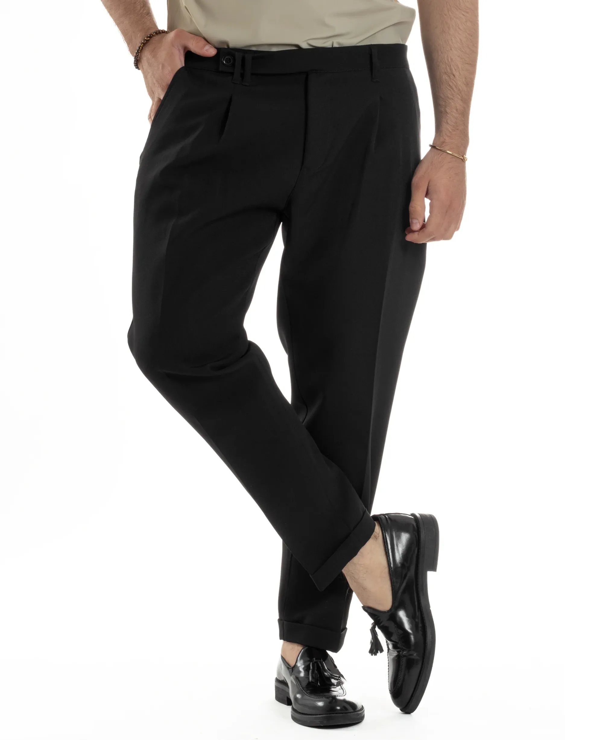 Pantaloni Uomo Classico Con Pinces Sartoriale Elegante Casual Abbottonatura Allungata Viscosa Estivo Nero GIOSAL-P6279A