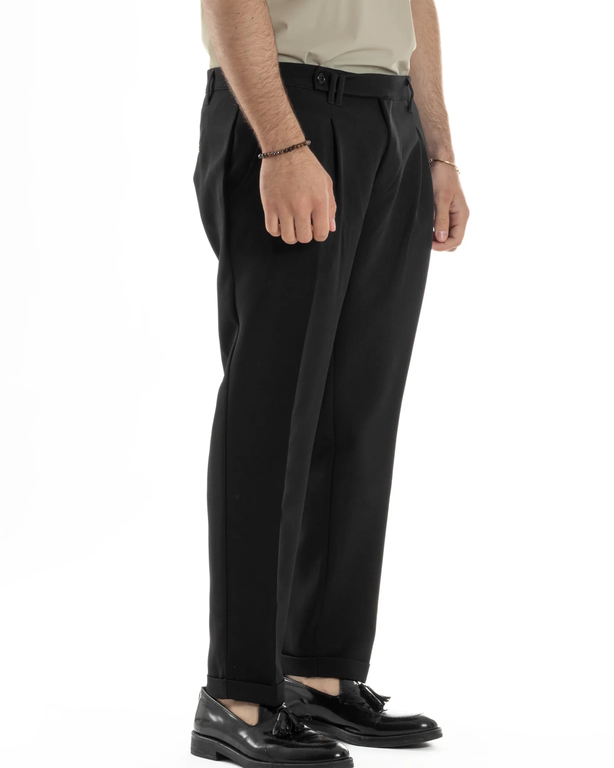 Pantaloni Uomo Classico Con Pinces Sartoriale Elegante Casual Abbottonatura Allungata Viscosa Estivo Nero GIOSAL-P6279A