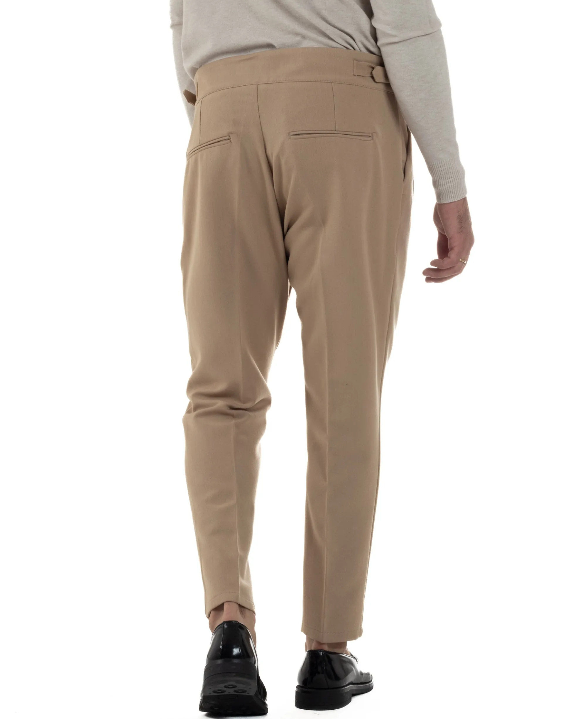 Pantaloni Uomo Classico Con Pinces Viscosa Vita Alta Gurkha Pants Fibbie Beige P6371A