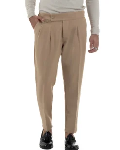 Pantaloni Uomo Classico Con Pinces Viscosa Vita Alta Gurkha Pants Fibbie Beige P6371A