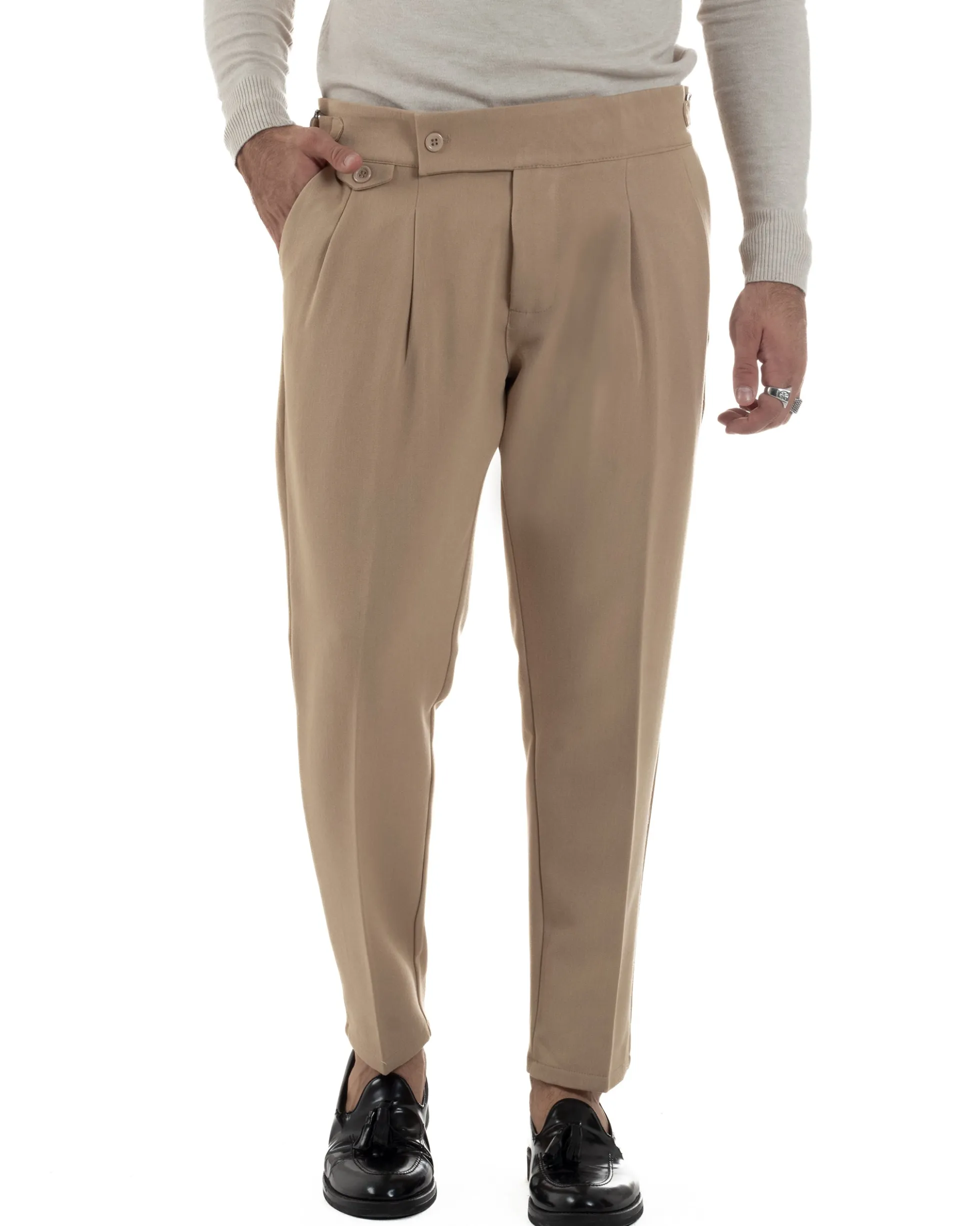 Pantaloni Uomo Classico Con Pinces Viscosa Vita Alta Gurkha Pants Fibbie Beige P6371A