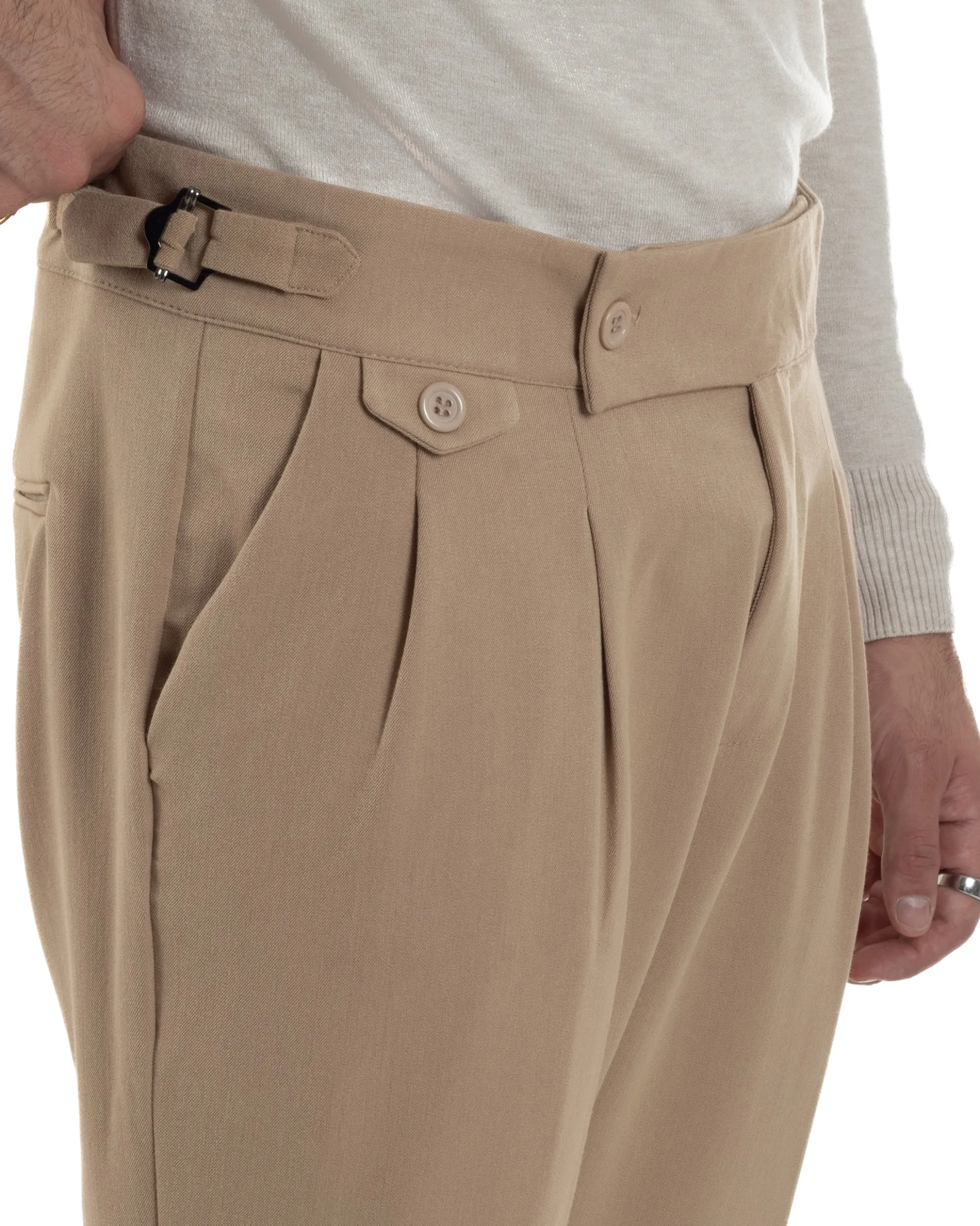 Pantaloni Uomo Classico Con Pinces Viscosa Vita Alta Gurkha Pants Fibbie Beige P6371A