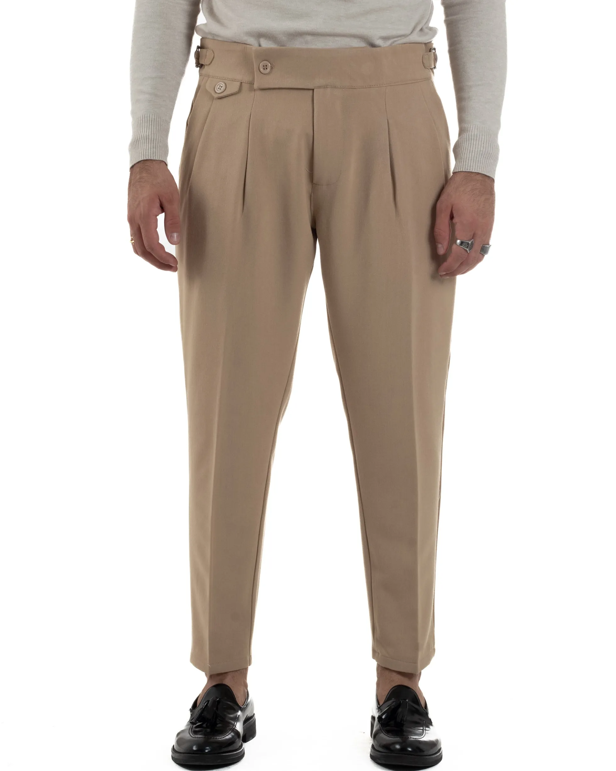 Pantaloni Uomo Classico Con Pinces Viscosa Vita Alta Gurkha Pants Fibbie Beige P6371A
