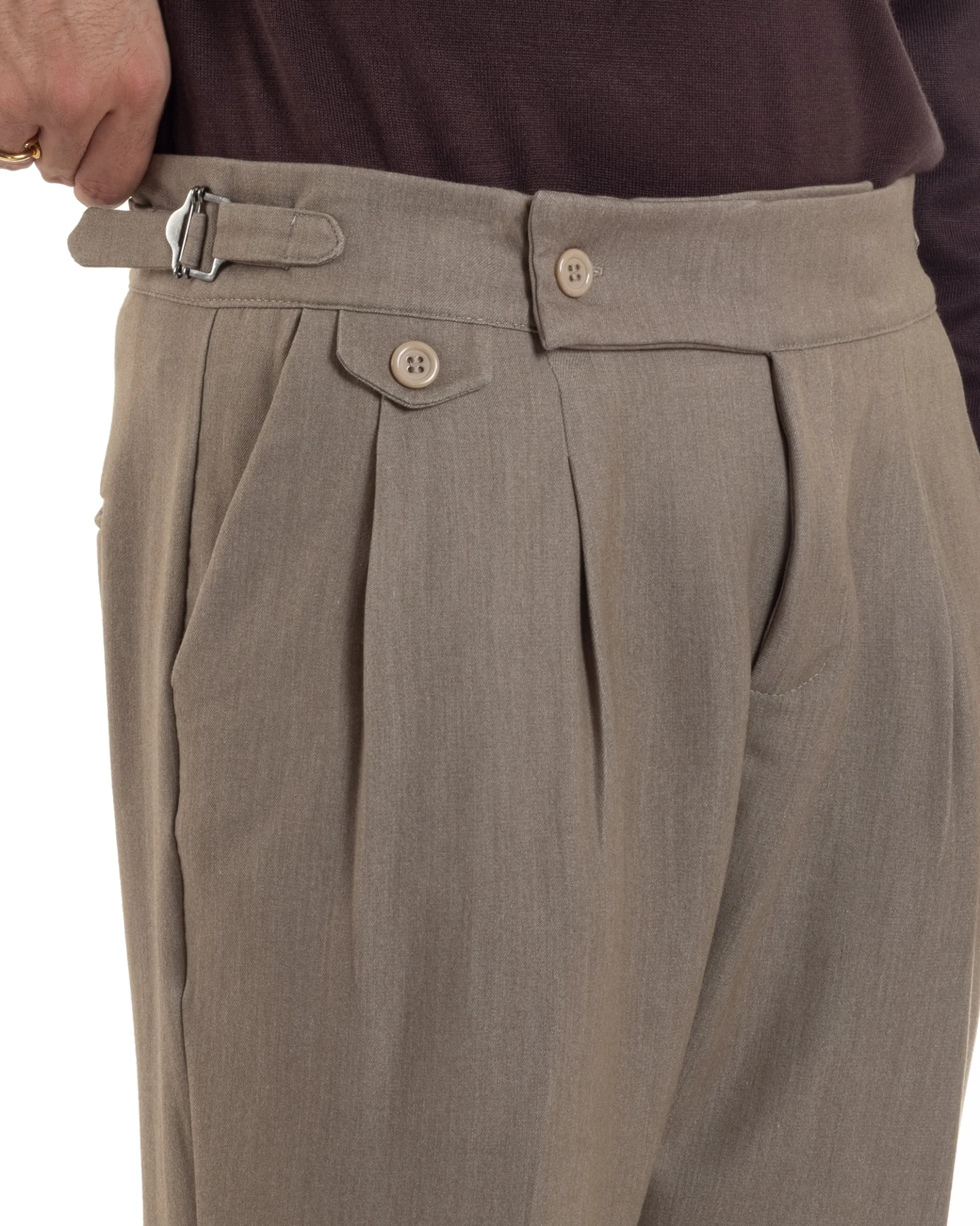 Pantaloni Uomo Classico Con Pinces Viscosa Vita Alta Gurkha Pants Fibbie Beige Melangiato P6368A