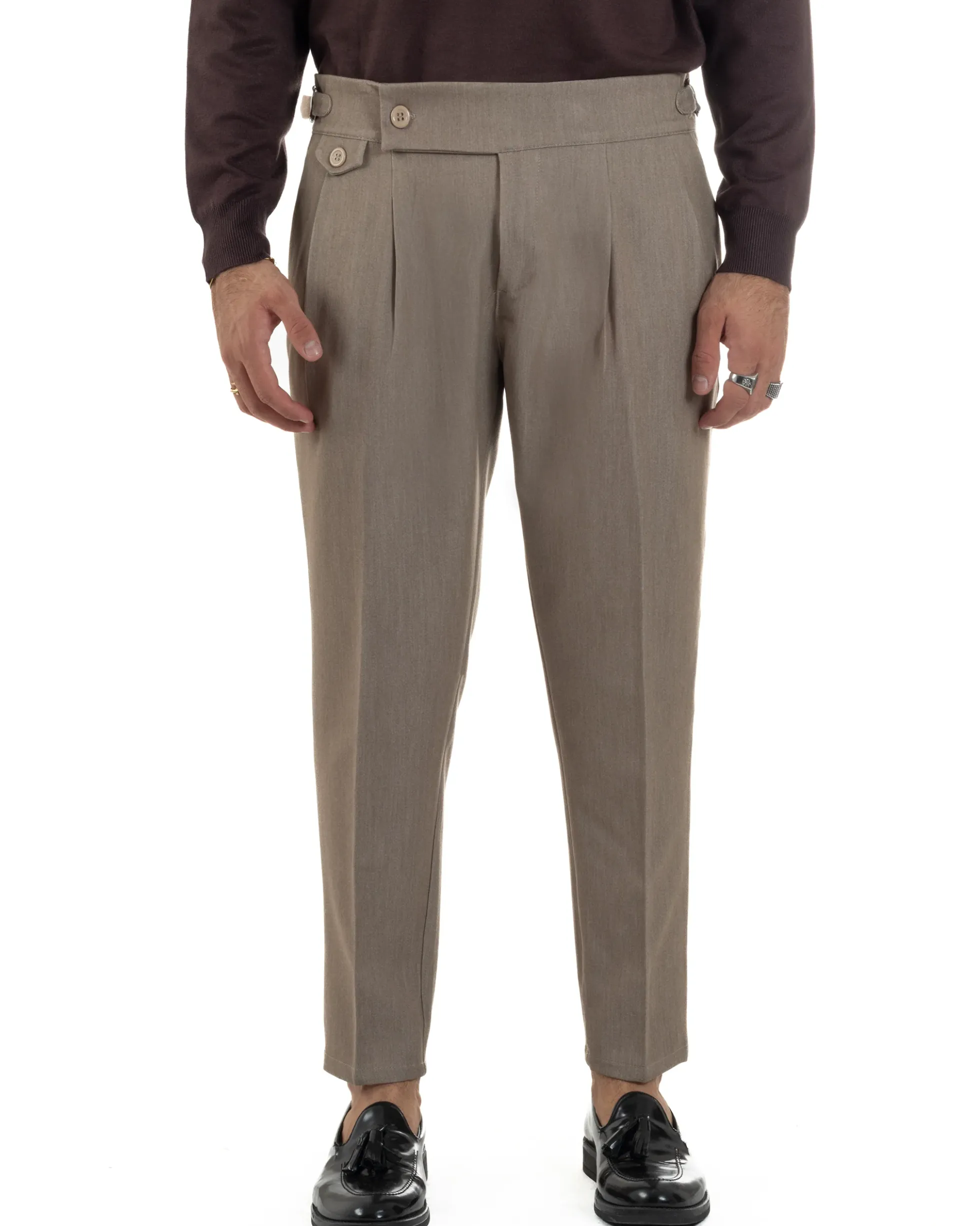 Pantaloni Uomo Classico Con Pinces Viscosa Vita Alta Gurkha Pants Fibbie Beige Melangiato P6368A