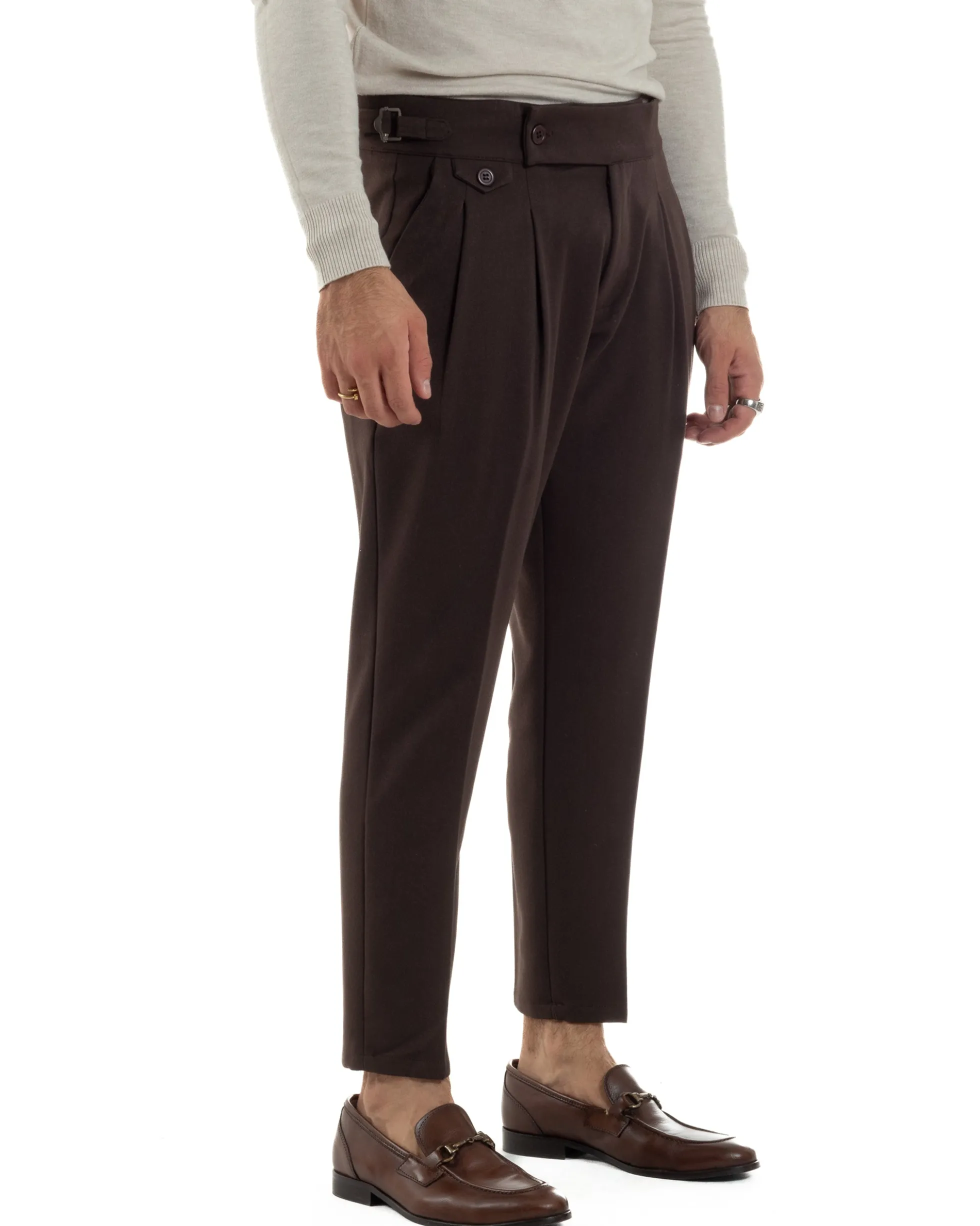 Pantaloni Uomo Classico Con Pinces Viscosa Vita Alta Gurkha Pants Fibbie Marrone P6369A