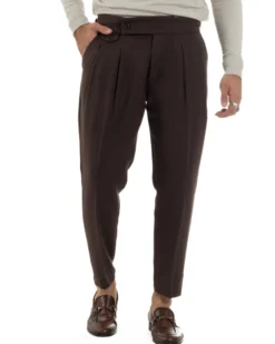Pantaloni Uomo Classico Con Pinces Viscosa Vita Alta Gurkha Pants Fibbie Marrone P6369A
