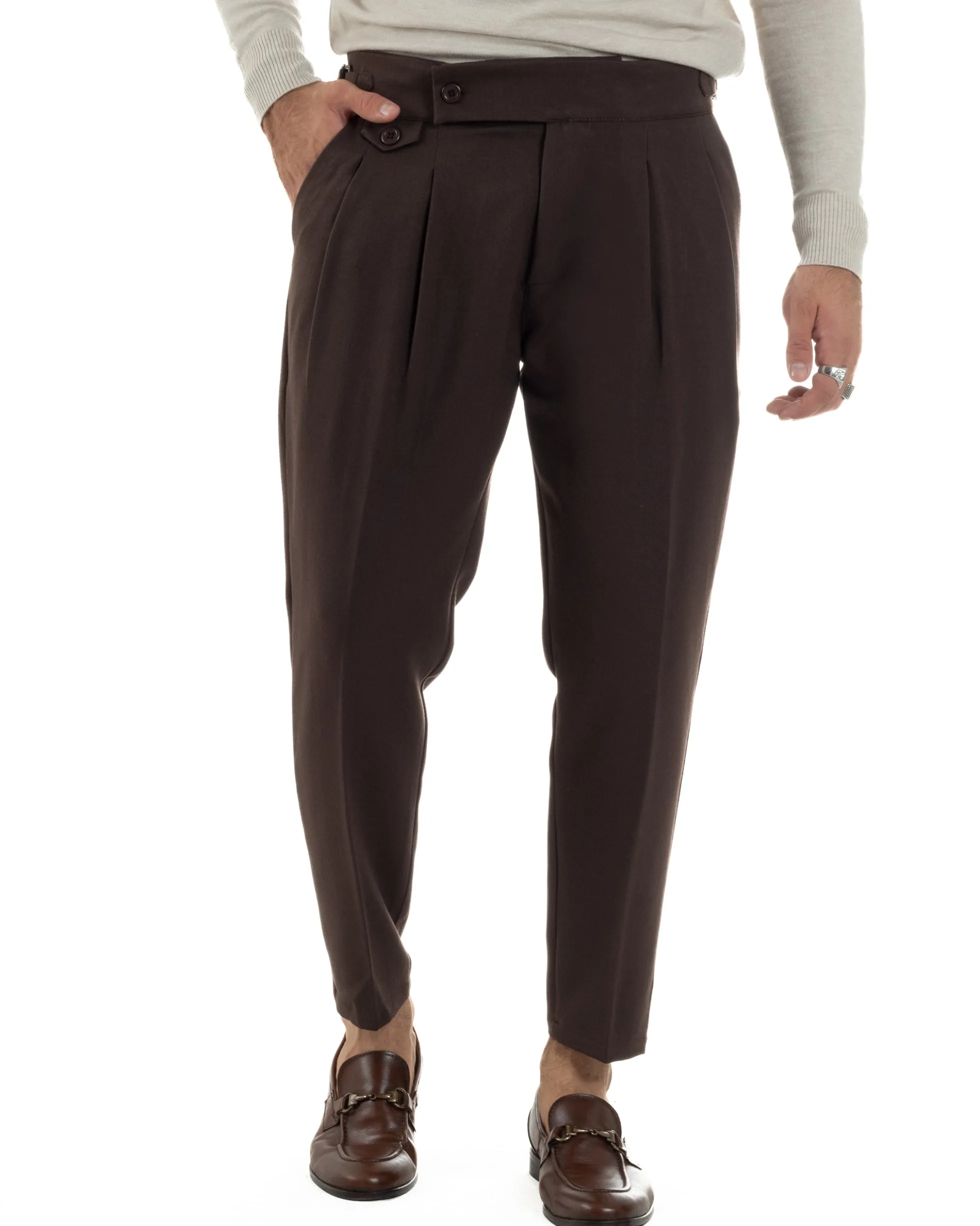 Pantaloni Uomo Classico Con Pinces Viscosa Vita Alta Gurkha Pants Fibbie Marrone P6369A