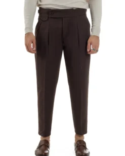 Pantaloni Uomo Classico Con Pinces Viscosa Vita Alta Gurkha Pants Fibbie Marrone P6369A