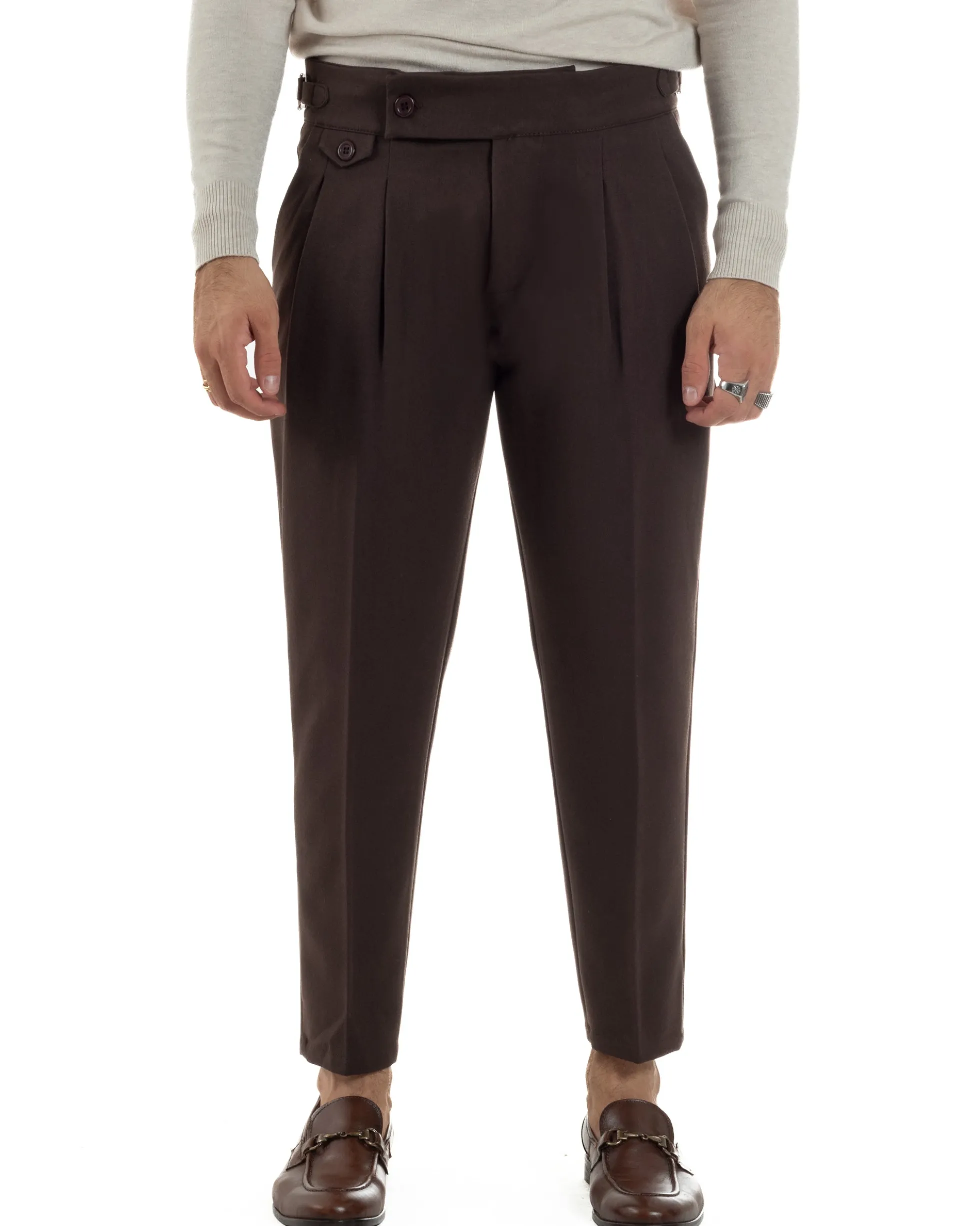 Pantaloni Uomo Classico Con Pinces Viscosa Vita Alta Gurkha Pants Fibbie Marrone P6369A