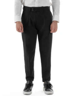 Pantaloni Uomo Classico Con Pinces Pants Abbottonatura Allungata Vita Alta Gurkha Fibbie Viscosa Casual Nero GIOSAL-P6285A