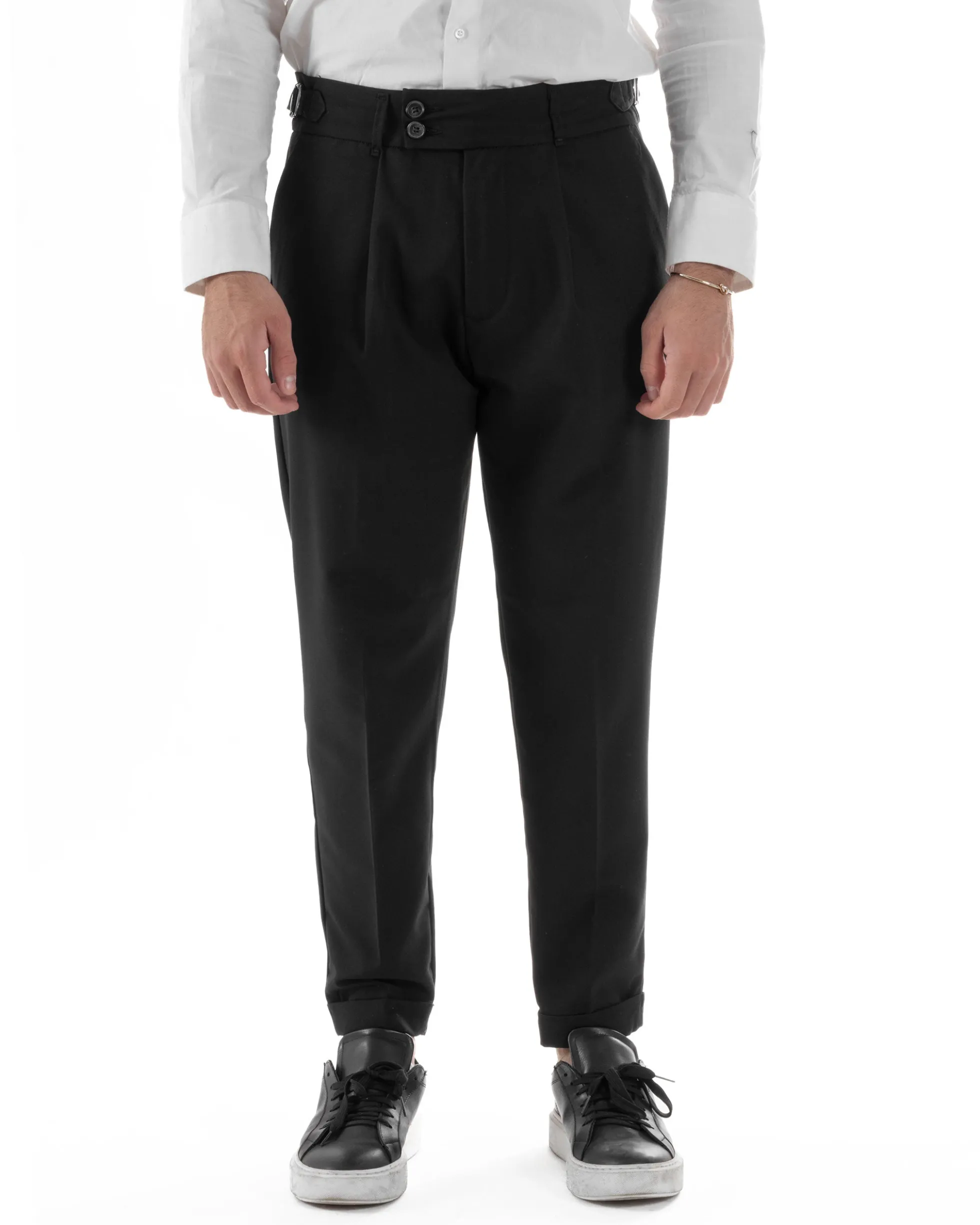 Pantaloni Uomo Classico Con Pinces Pants Abbottonatura Allungata Vita Alta Gurkha Fibbie Viscosa Casual Nero GIOSAL-P6285A