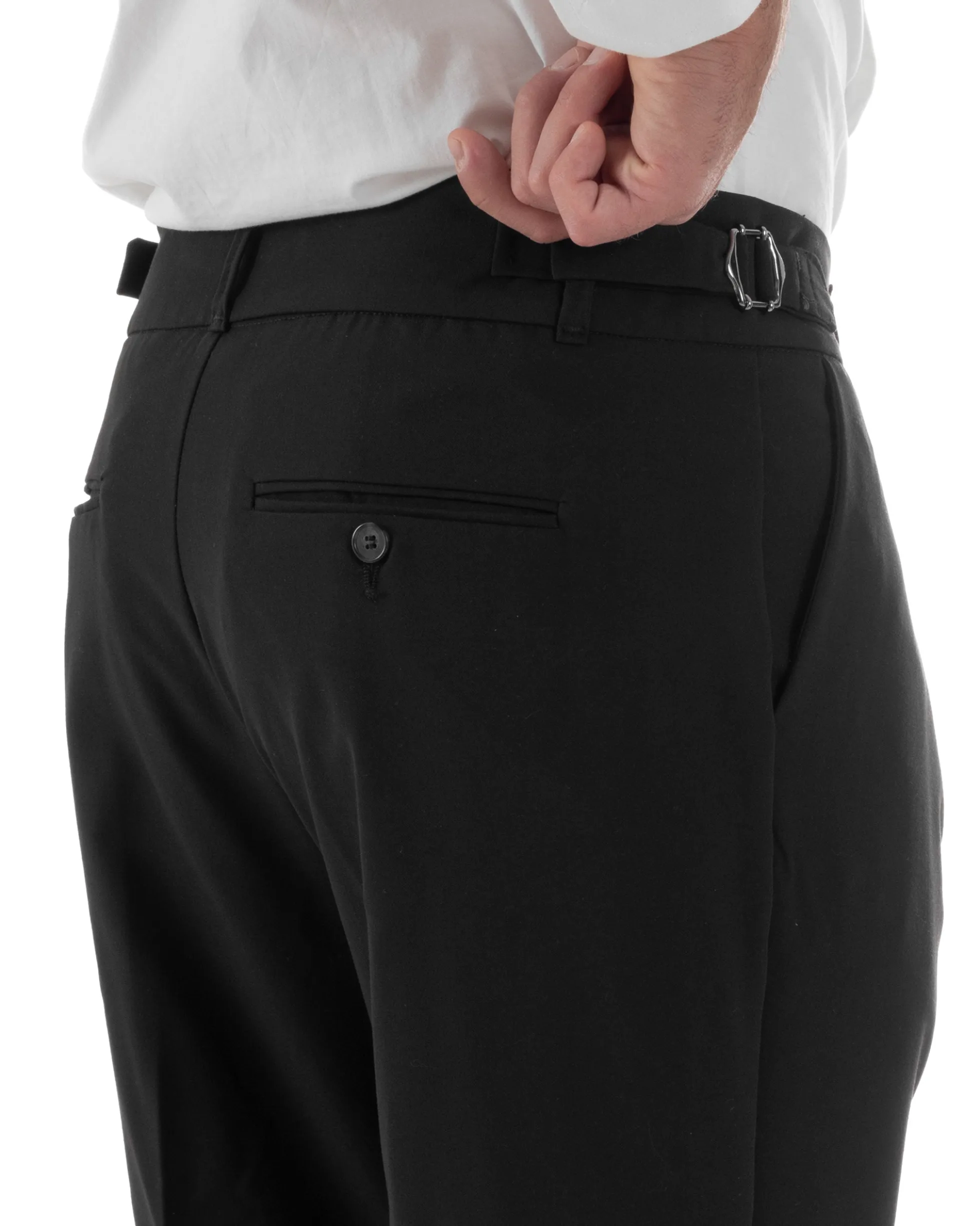 Pantaloni Uomo Classico Con Pinces Pants Abbottonatura Allungata Vita Alta Gurkha Fibbie Viscosa Casual Nero GIOSAL-P6285A