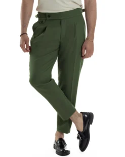 Pantaloni Uomo Classico Con Pinces Vita Alta Gurkha Pants Abbottonatura Allungata Fibbie Viscosa Estivo Casual Verde GIOSAL-P6269A