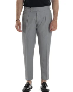 Pantaloni Uomo Classico Con Pinces Vita Alta Gurkha Pants Abbottonatura Allungata Fibbie Viscosa Estivo Casual Grigio GIOSAL-P6271A