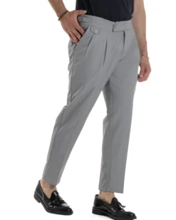 Pantaloni Uomo Classico Con Pinces Vita Alta Gurkha Pants Abbottonatura Allungata Fibbie Viscosa Estivo Casual Grigio GIOSAL-P6271A