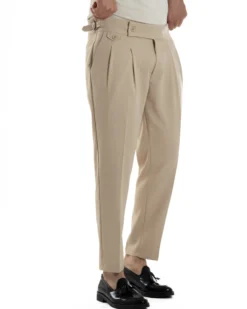 Pantaloni Uomo Classico Con Pinces Vita Alta Gurkha Pants Abbottonatura Allungata Fibbie Viscosa Estivo Casual Beige GIOSAL-P6270A