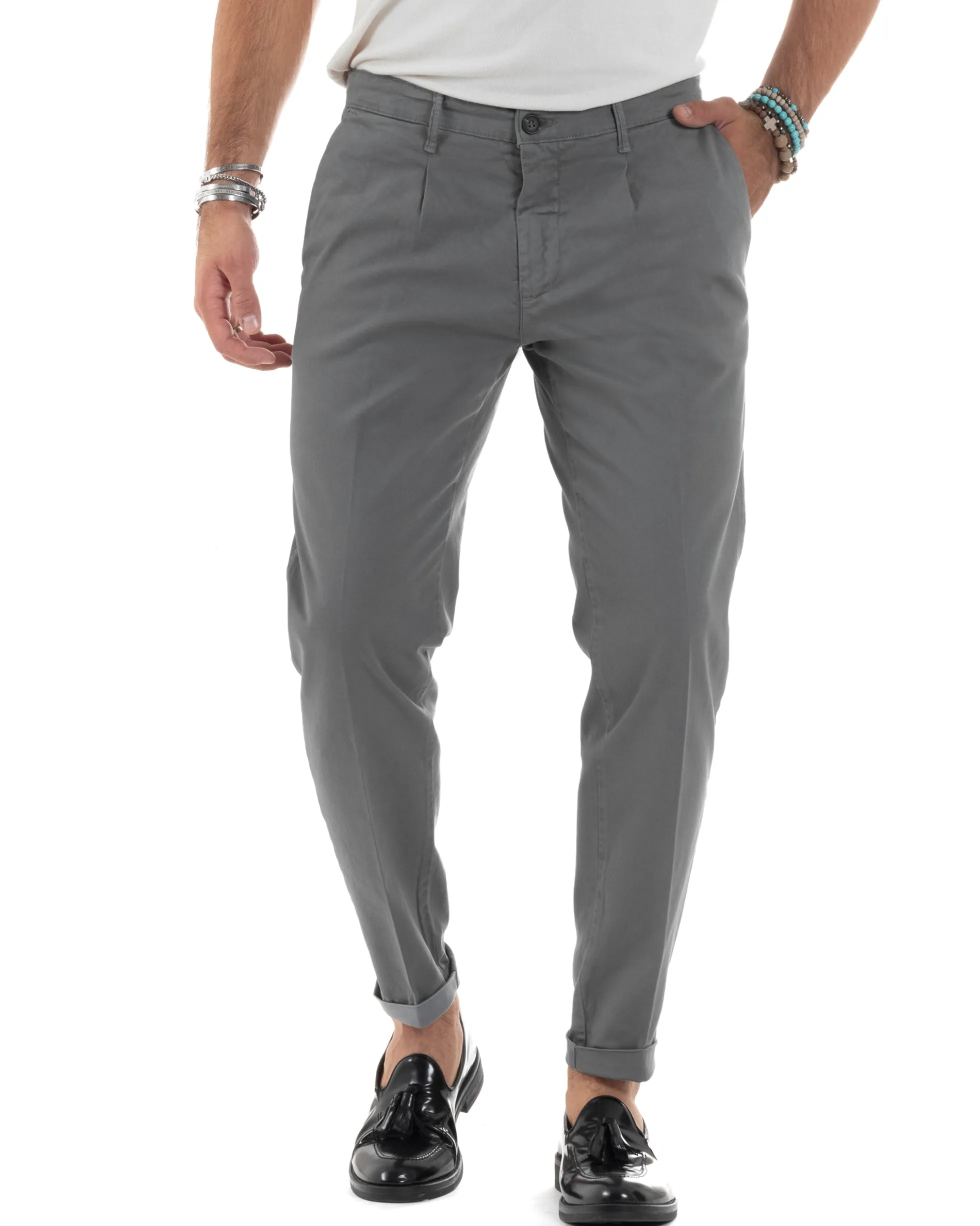 Pantaloni Uomo Cotone Chino Tasca America Capri Basic Sartoriale Slim Fit Casual Grigio Scuro GIOSAL-P6311A