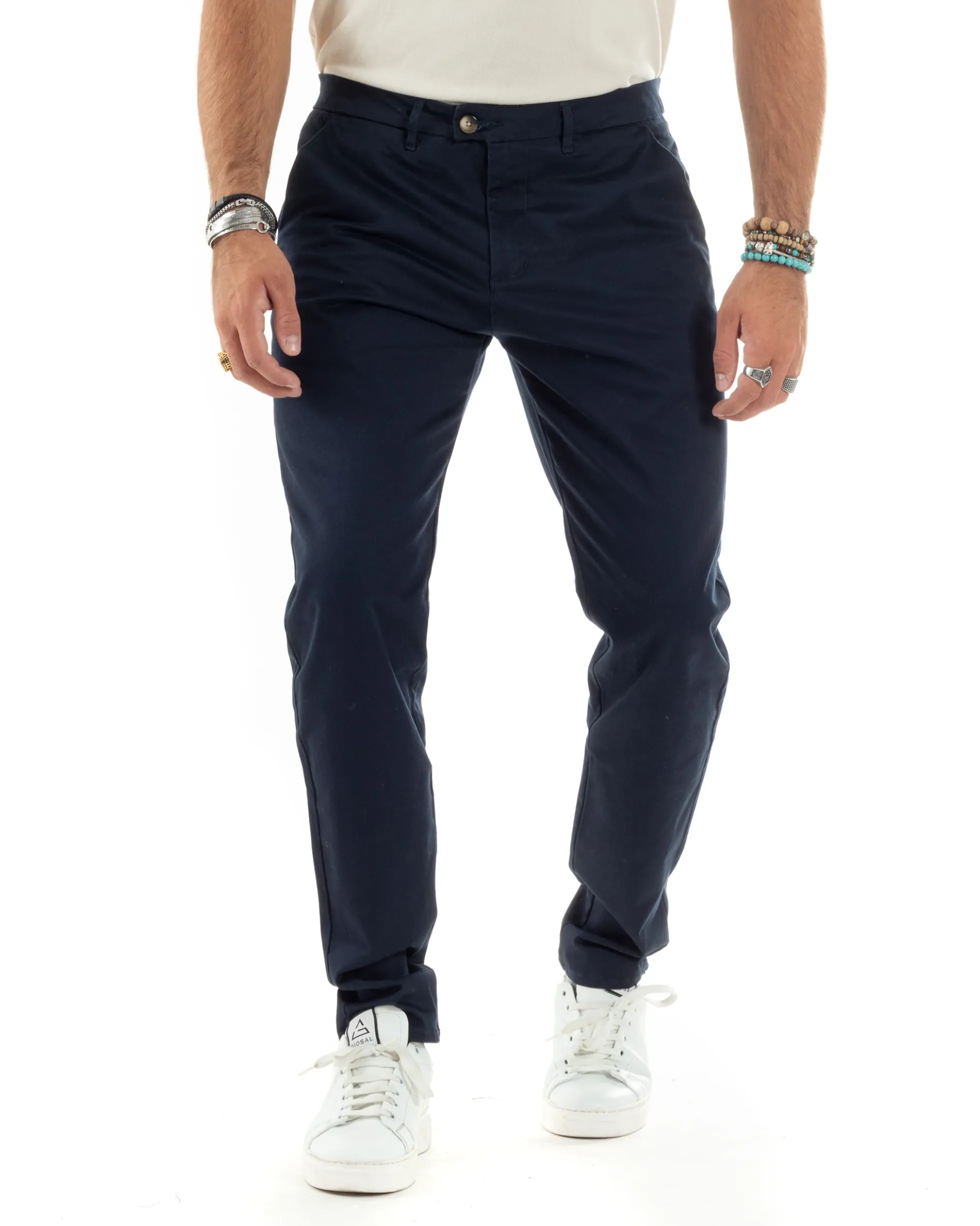 Pantaloni Uomo Cotone Raso Invernale Chinos Abbottonatura Allungata Tasca America Slim Fit Tinta Unita Blu GIOSAL-P6143A