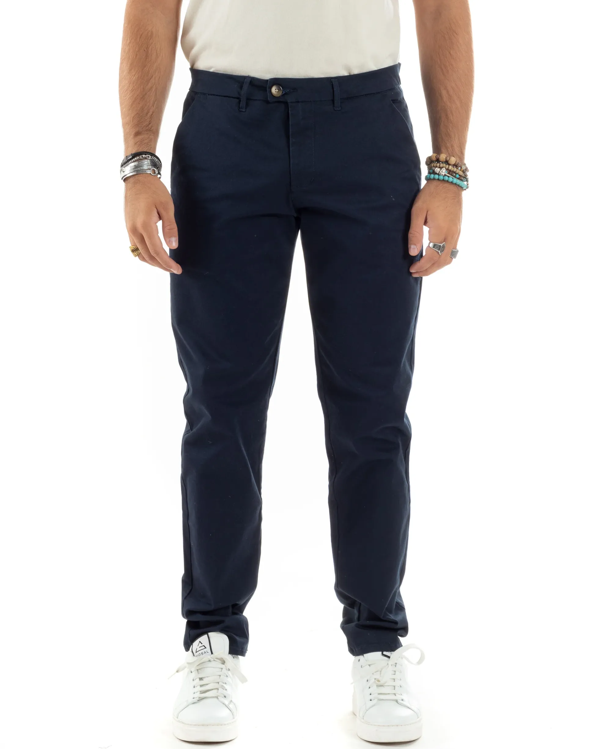 Pantaloni Uomo Cotone Raso Invernale Chinos Abbottonatura Allungata Tasca America Slim Fit Tinta Unita Blu GIOSAL-P6143A