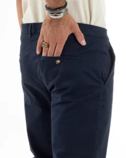 Pantaloni Uomo Cotone Raso Invernale Chinos Abbottonatura Allungata Tasca America Slim Fit Tinta Unita Blu GIOSAL-P6143A