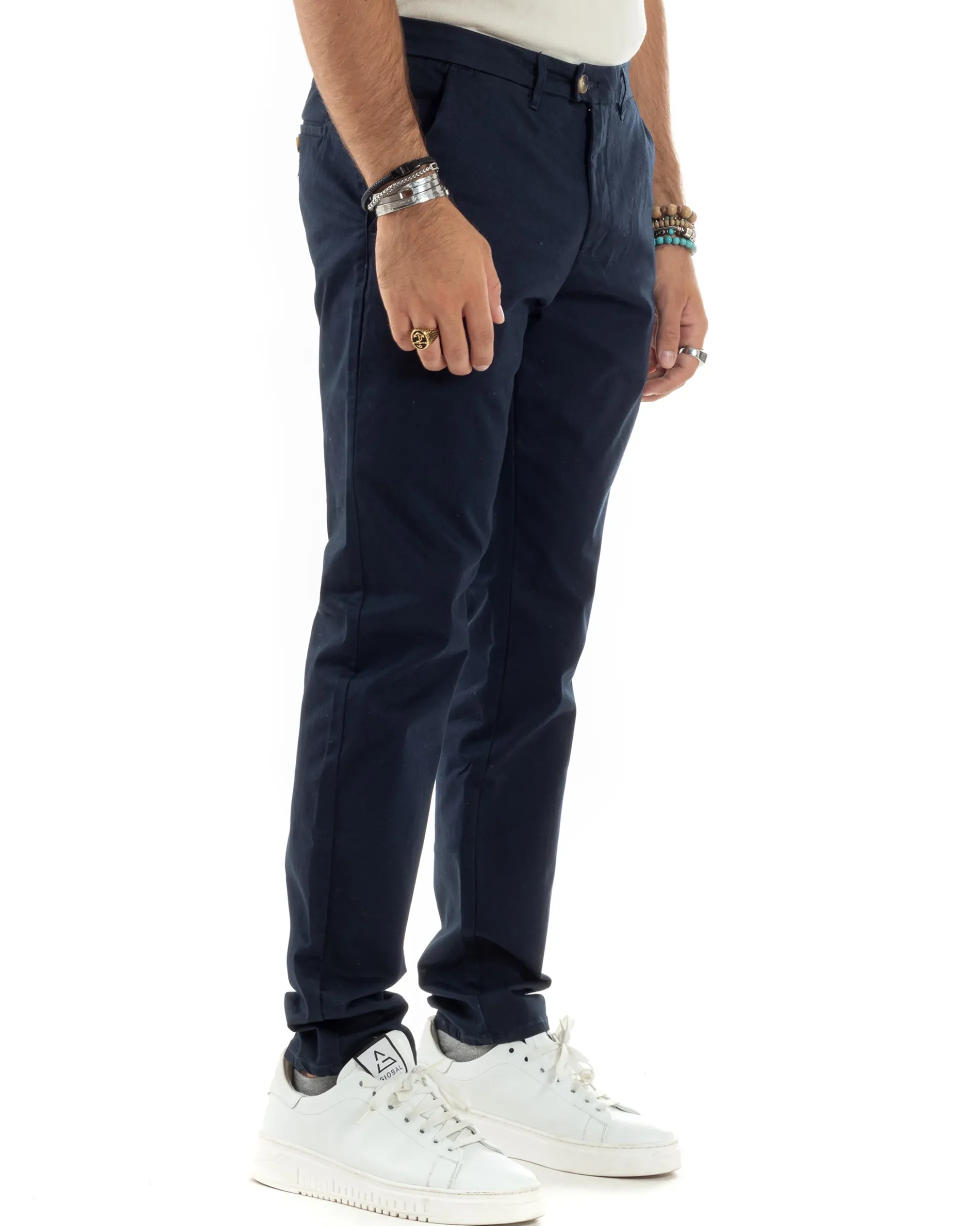 Pantaloni Uomo Cotone Raso Invernale Chinos Abbottonatura Allungata Tasca America Slim Fit Tinta Unita Blu GIOSAL-P6143A