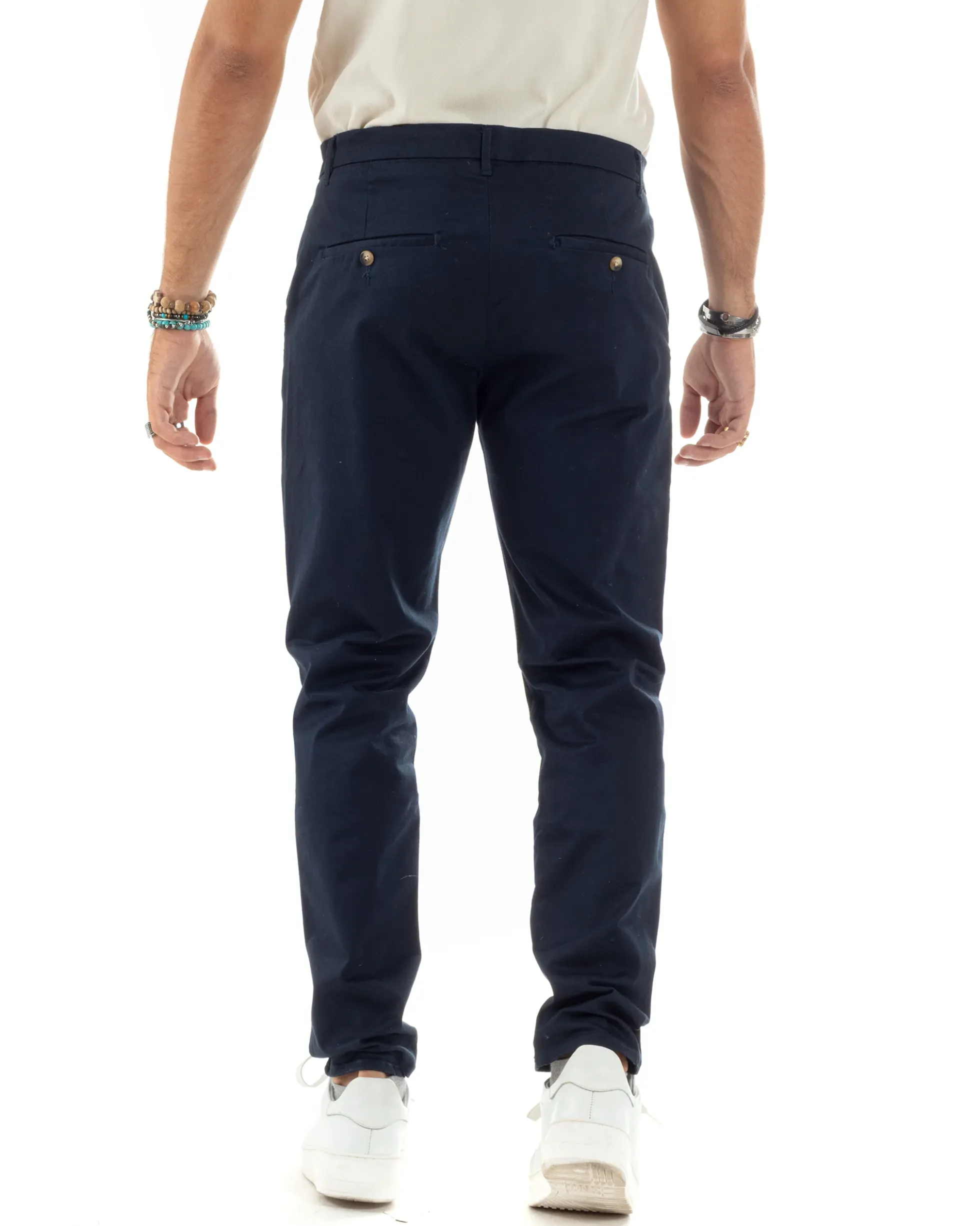 Pantaloni Uomo Cotone Raso Invernale Chinos Abbottonatura Allungata Tasca America Slim Fit Tinta Unita Blu GIOSAL-P6143A