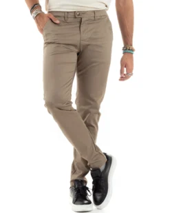 Pantaloni Uomo Cotone Raso Invernale Chinos Abbottonatura Allungata Tasca America Slim Fit Tinta Unita Beige GIOSAL-P6144A
