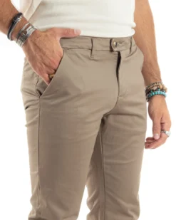 Pantaloni Uomo Cotone Raso Invernale Chinos Abbottonatura Allungata Tasca America Slim Fit Tinta Unita Beige GIOSAL-P6144A