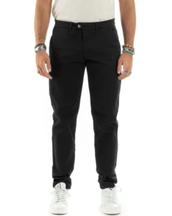 Pantaloni Uomo Cotone Raso Invernale Chinos Abbottonatura Allungata Tasca America Slim Fit Tinta Unita Nero GIOSAL-P6145A