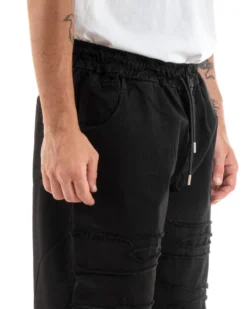 Pantaloni Uomo Denim Jogger Con Rotture Sfrangiato Pantalaccio Con Coulisse Ripped Casual Tinta Unita Nero GIOSAL-P5851A