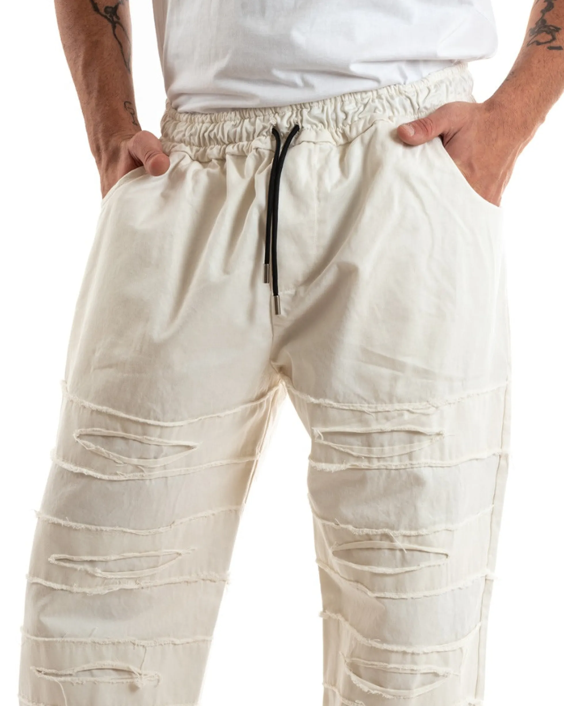Pantaloni Uomo Denim Jogger Con Rotture Sfrangiato Pantalaccio Con Coulisse Ripped Casual Tinta Unita Panna GIOSAL-P5850A