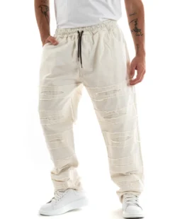 Pantaloni Uomo Denim Jogger Con Rotture Sfrangiato Pantalaccio Con Coulisse Ripped Casual Tinta Unita Panna GIOSAL-P5850A