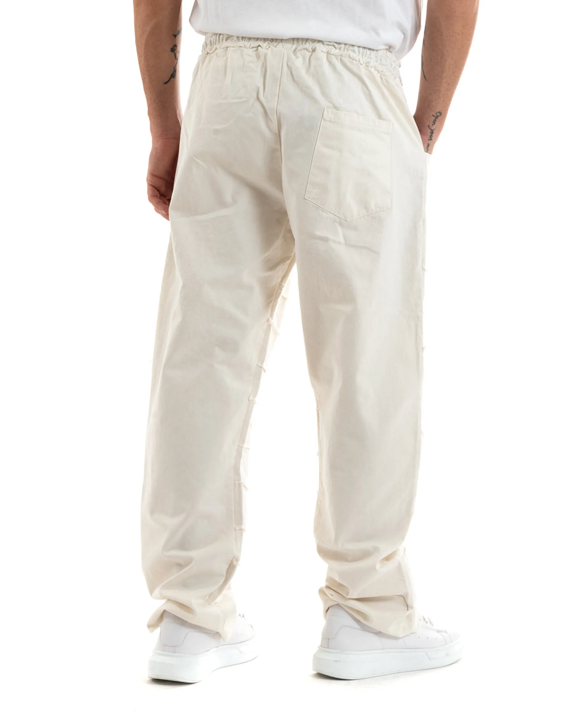 Pantaloni Uomo Denim Jogger Con Rotture Sfrangiato Pantalaccio Con Coulisse Ripped Casual Tinta Unita Panna GIOSAL-P5850A
