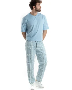 Pantaloni Uomo Jeans Baggy Sfrangiato Denim Chiaro Fondo Largo Ampio GIOSAL-JS1022A