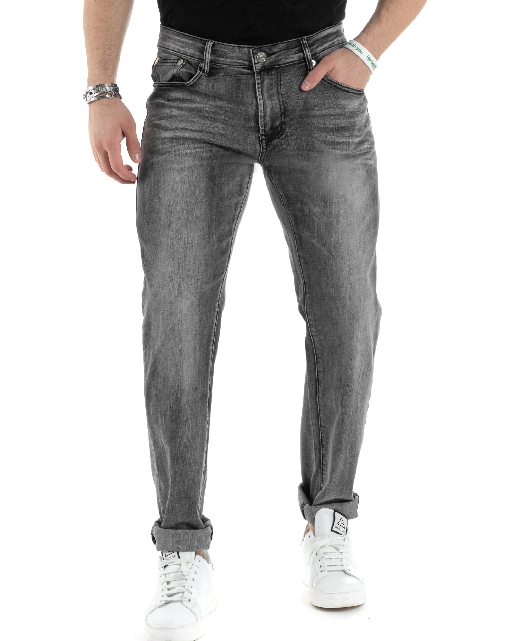 Pantaloni Uomo Jeans Cinque Tasche Slim Fit Basic Grigio Denim Stone Washed GIOSAL-JS1005A