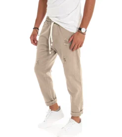 Pantaloni uomo jeans jogger cotone loose fit rotture beige GIOSAL-P3528A