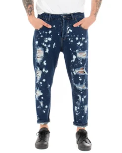 Pantaloni Uomo Jeans Loose Fit Con Rotture Sfrangiato E Macchie Pittura Classico Cinque Tasche Casual Denim Scuro GIOSAL-P5065A
