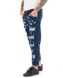 Pantaloni Uomo Jeans Loose Fit Con Rotture Sfrangiato E Macchie Pittura Classico Cinque Tasche Casual Denim Scuro GIOSAL-P5065A