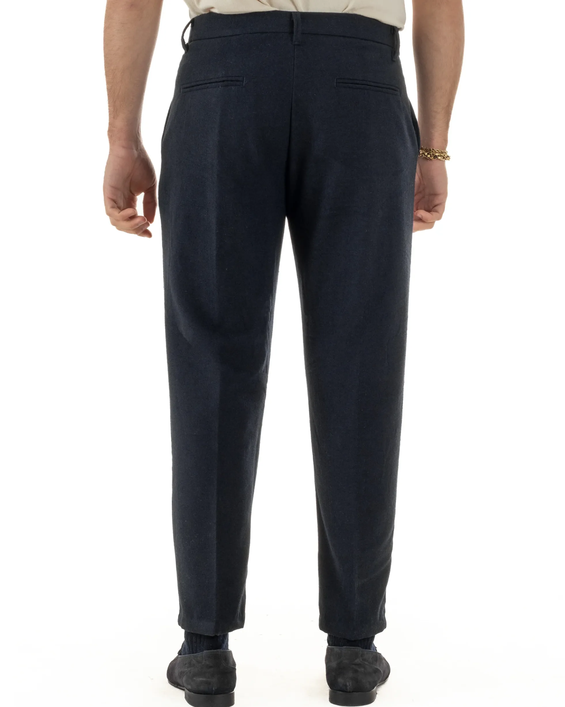 Pantaloni Uomo Lana Abbottonatura Allungata Classico Basic Blu P6437A