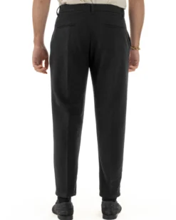 Pantaloni Uomo Lana Abbottonatura Allungata Classico Basic Nero P6434A