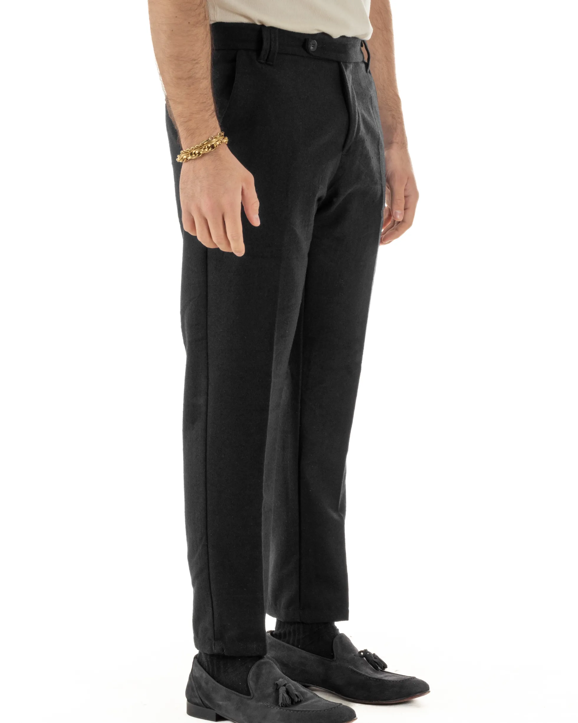 Pantaloni Uomo Lana Abbottonatura Allungata Classico Basic Nero P6434A