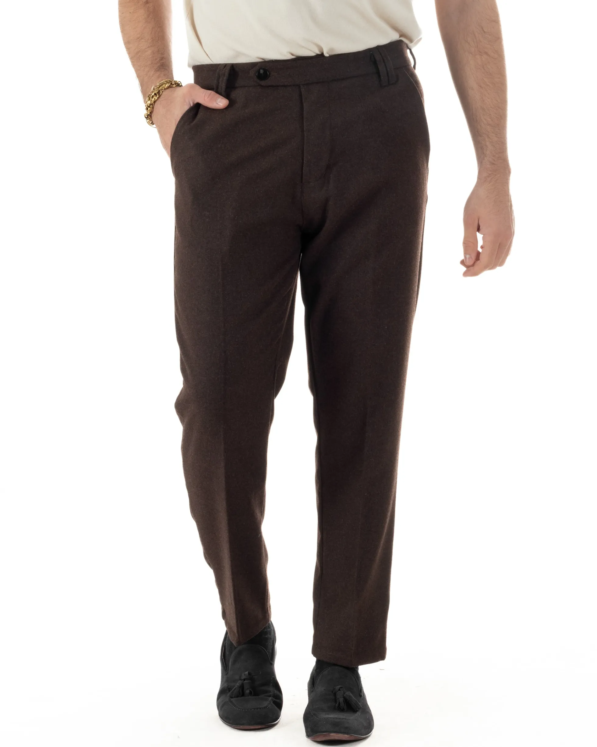 Pantaloni Uomo Lana Abbottonatura Allungata Classico Basic Marrone P6436A