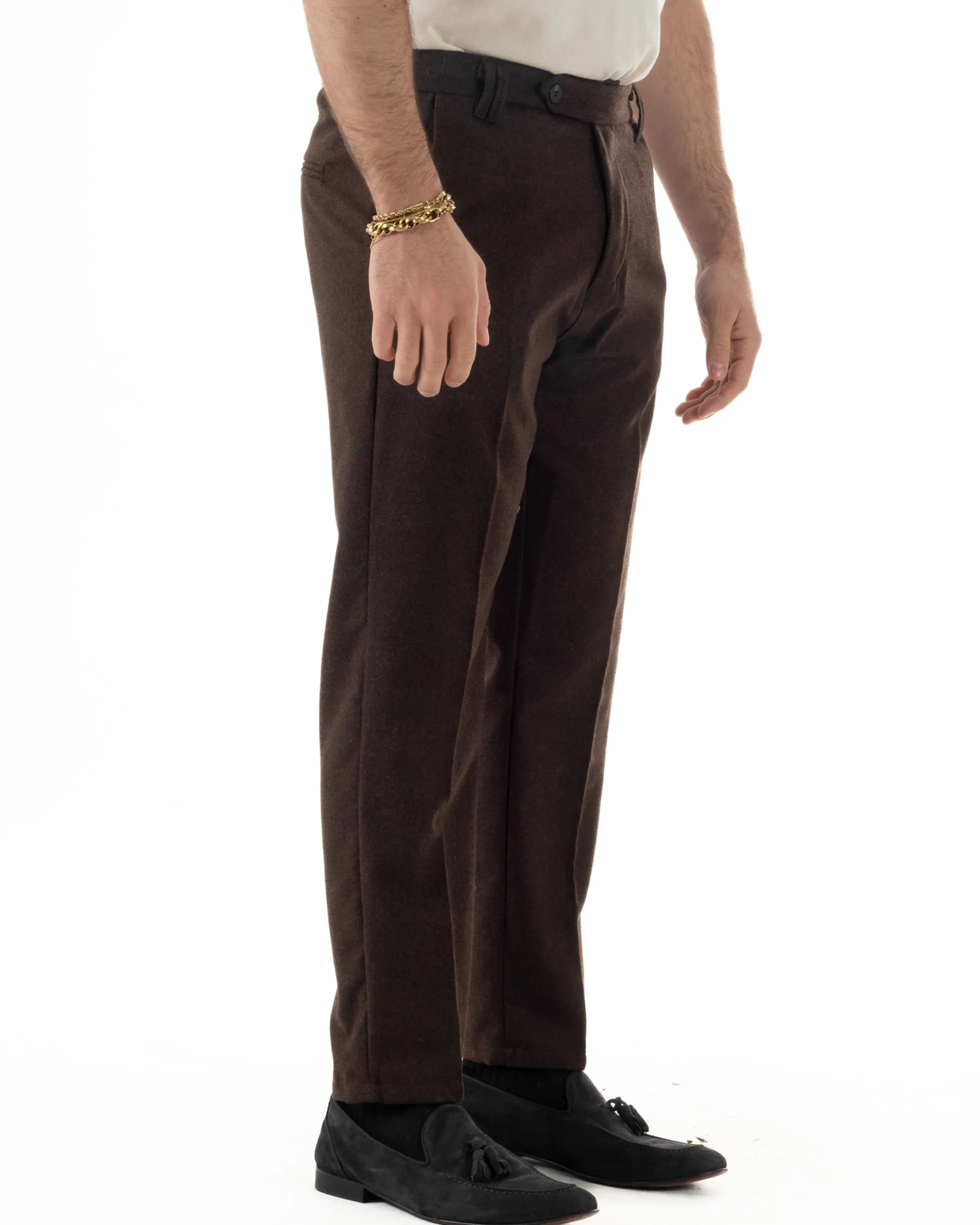 Pantaloni Uomo Lana Abbottonatura Allungata Classico Basic Marrone P6436A