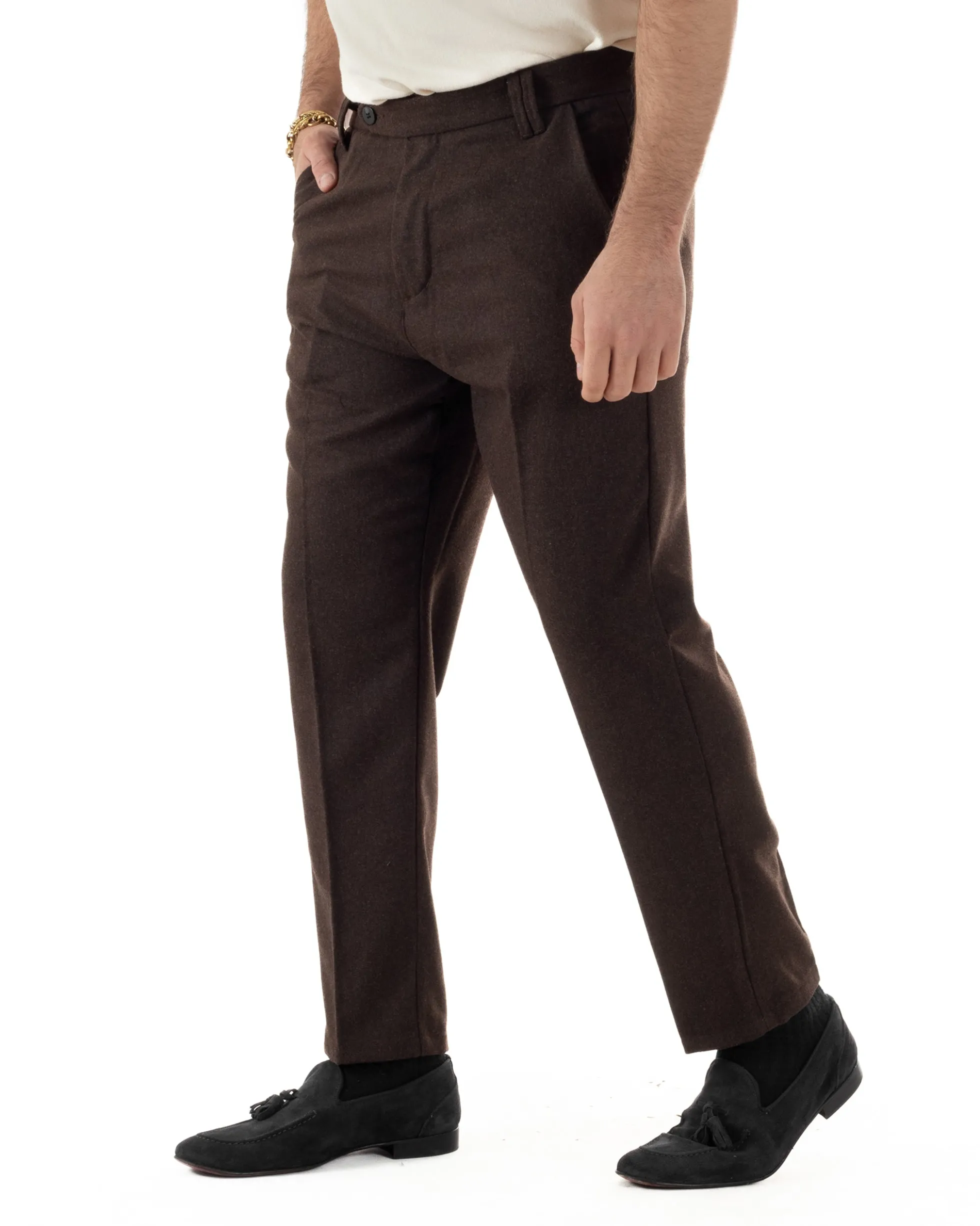 Pantaloni Uomo Lana Abbottonatura Allungata Classico Basic Marrone P6436A